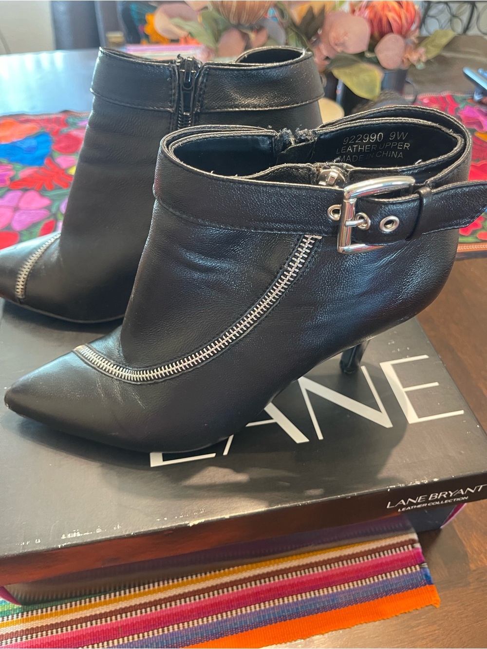 Lane Bryant Black Leather Ankle Booties with Silver Zip & Buckle